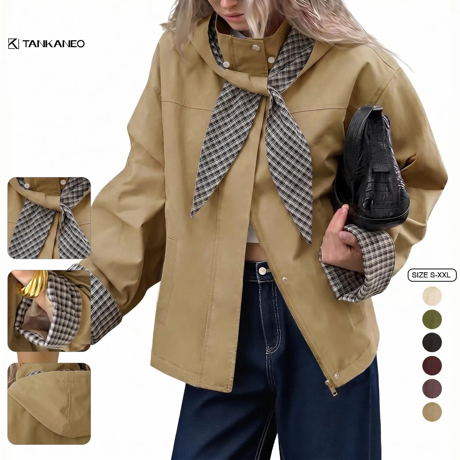 TANKANEO Womens Short Cropped Trench Jacket, Detachable Plaid Hood Notched Lapel Casual Windproof Outerwear for Autumn Daily Outfits