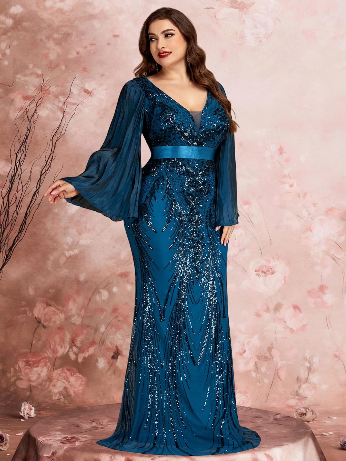 Elegant Flowy Draped Mesh Flare Sleeve Bridesmaid Dress, Plus Size Luxury Shiny Sequin Jacquard Hostess Dress for Stage Party, High-End Cold V-Neck Mesh Evening Prom Gown, Confident Elegant Mermaid Queen Dress - Elegant Flowy Draped Mesh Flare Sleeve Bridesmaid Dress, Plus Size Luxury Shiny Sequin Jacquard Hostess Dress for Stage Party, High-End Cold V-Neck Mesh Evening Prom Gown, Confident Elegant Mermaid Queen Dress -