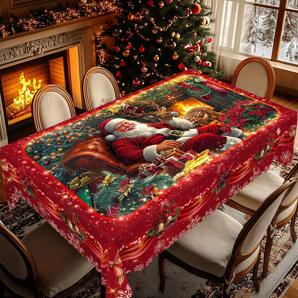 PLUMLIK Red Christmas Tablecloth with Santa Claus, Reindeer, Snowman Patterns, Christmas Decor 2025, Christmas Party Decoration for Indoor&Outdoor, Vintage Round Rectangular Table Cloth, Holiday Home kitchen Festive Decor, Christmas Gifts