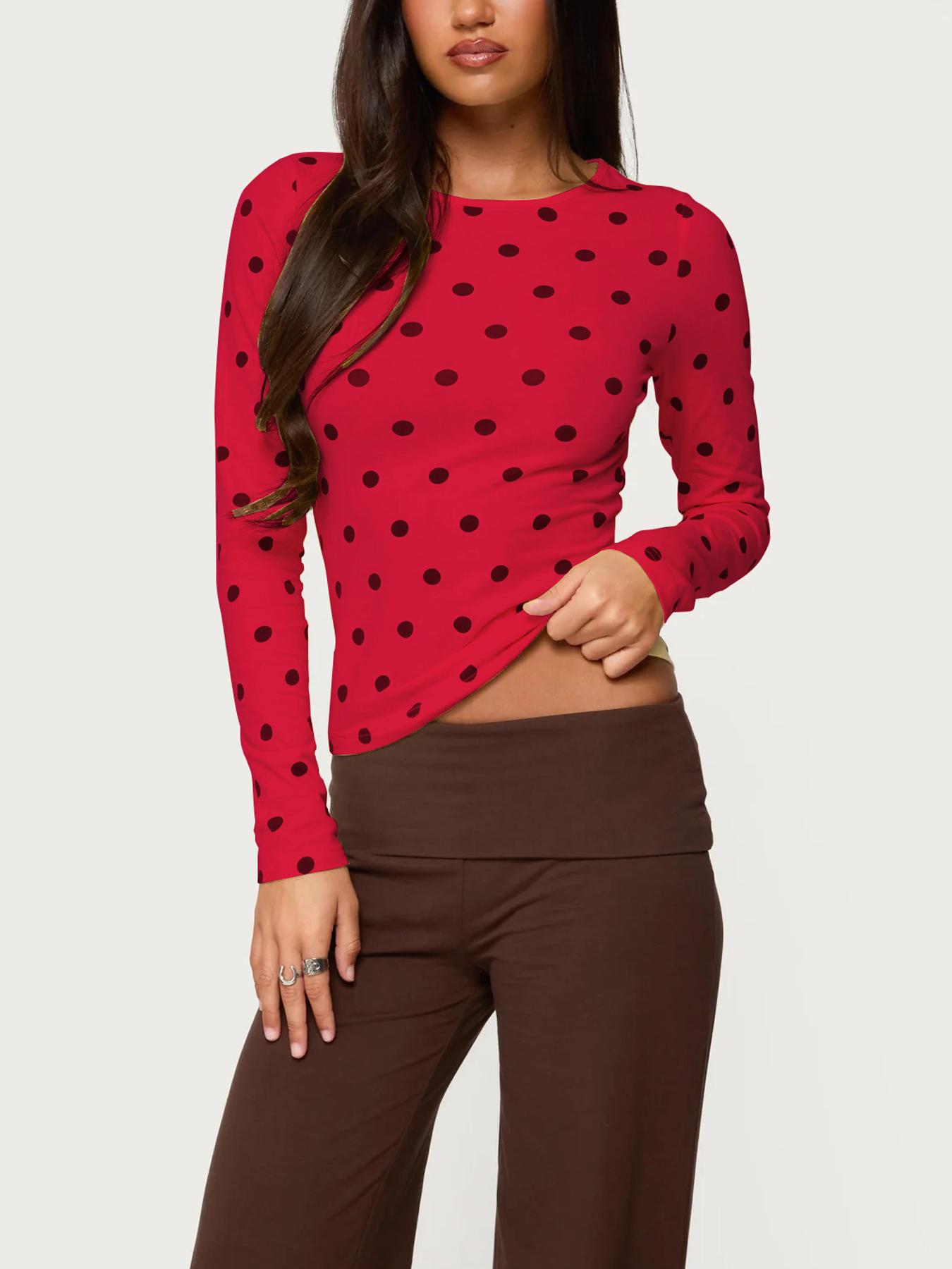 Women's Polka Dot Long Sleeve Slim Fit Short Top, Womenswear, Vintage Bodycon, Perfect for Dates and Shopping, Stylish Chic Casual Wear