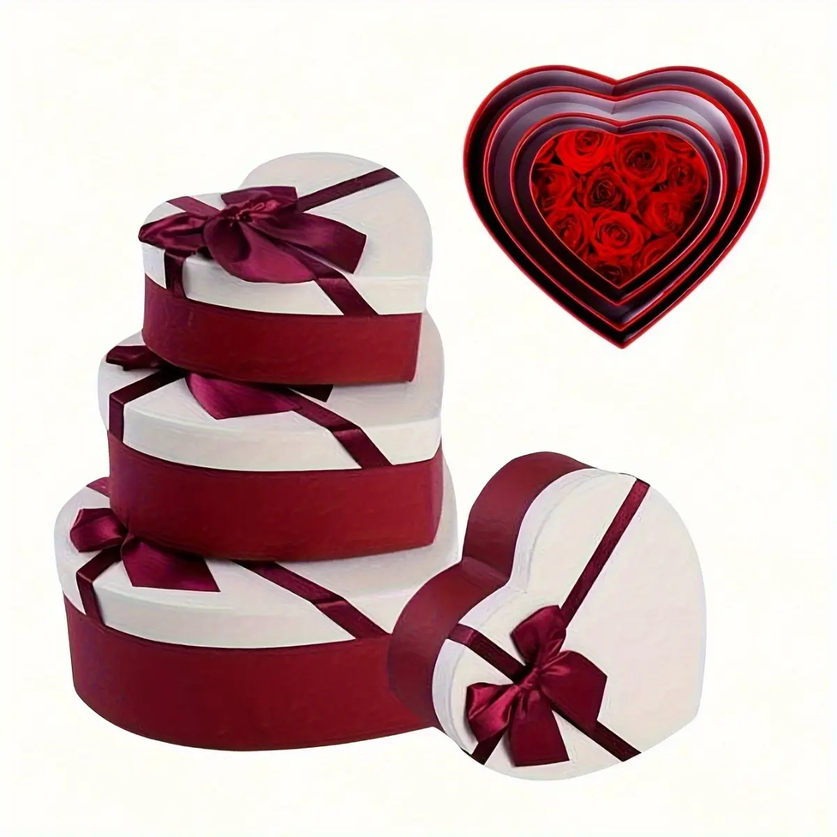 3pcs Set of Heart-Shaped Gift Boxes with Bowknot - Perfect for Weddings, Birthdays, Holidays & Special Occasions - Elegant Red Paper Treat Boxes for Party Favors, Candy, Chocolate Packaging & Decorations