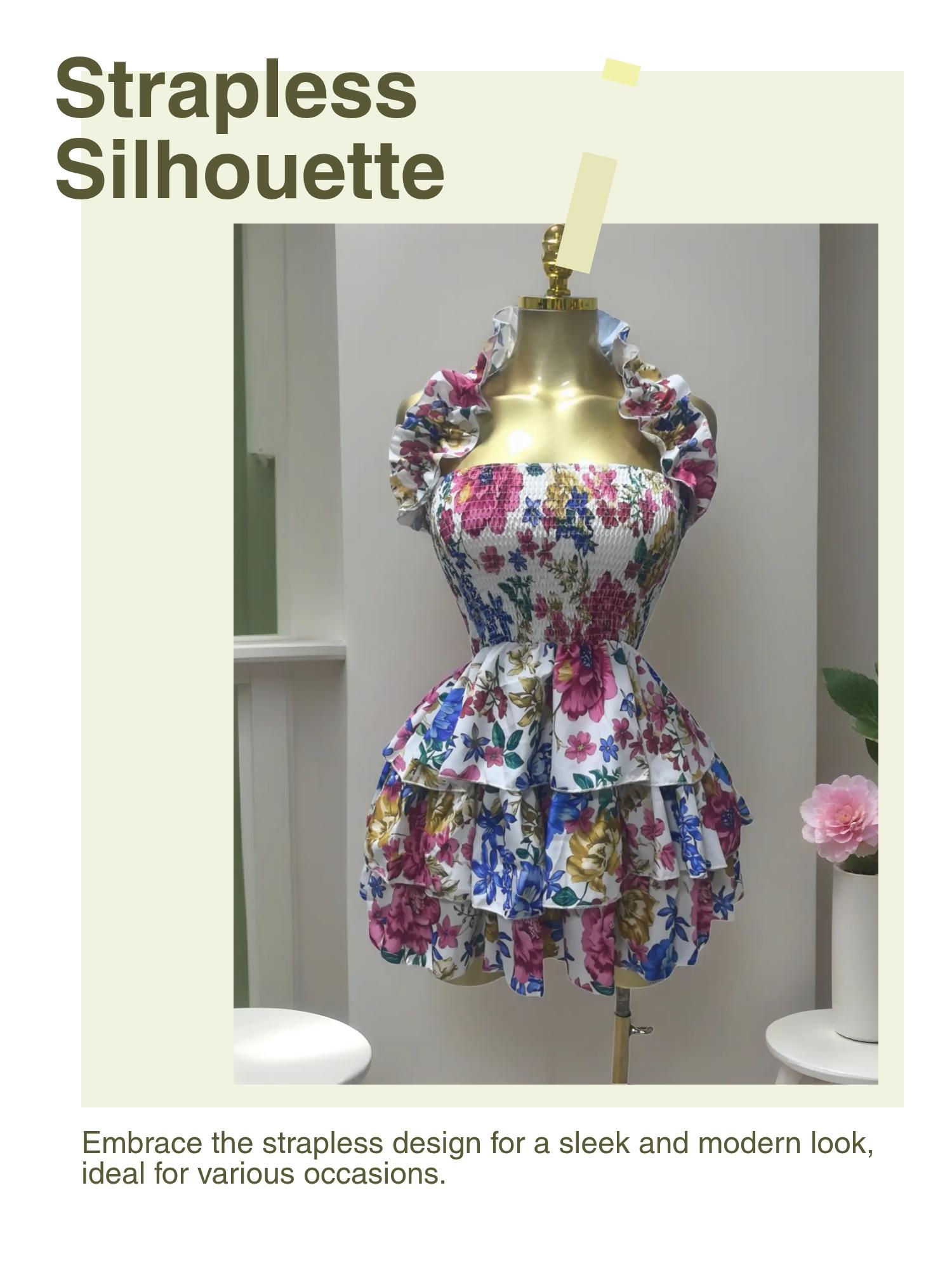 PULKRITU Elegant Women Sweet Sexy Club Party Outfit Dress, Women's Floral Print Backless Strapless Layered Ruffle Mini Prom Dress,Lady Casual Dresses,Female Brunch Dresses,Graduation Dress, Floral Evening Dress