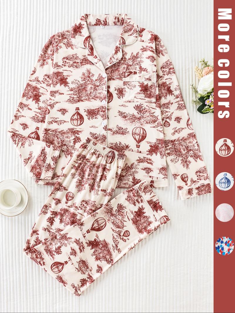 Two-piece pink ladies' pajama set with full-color prints. Button-front collar shirt and elastic waist pants pajama. Casual and comfortable collar long-sleeved top and long pants pajama set. Ladies' pajamas for spring and autumn.