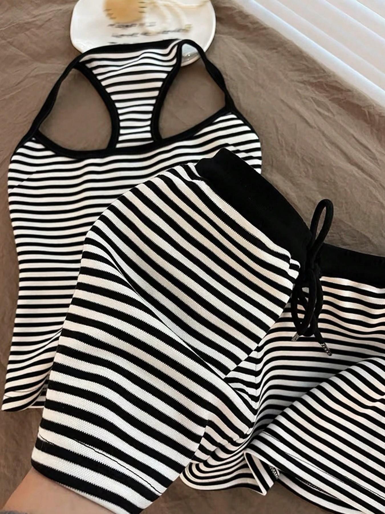 Basic Striped Casual Matching Set for Women - Halter Sleeveless Crop Top &  Shorts Beach Vacation Outfits