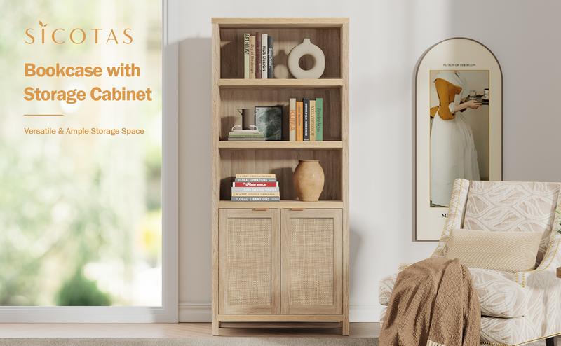 SICOTAS Bookcase 5 Tier Bookshelf Rattan Boho Tall Book Case Shelf with Doors Storage  Large Bookcases Farmhouse Bookshelves Library Shelves for Living Room Bedroom Home Office Kitchen, Unique Boho Style, Ample Storage Space