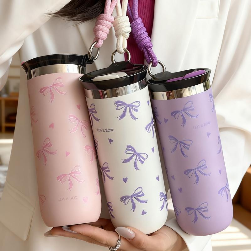 500ML Double-Layer Stainless Steel Insulated Travel Mug with Bow Pattern, Perfect Travel Cup for Home Office School & Car, Great Gift for Christmas Mother's Day Valentine's Day, Insulated Tumbler