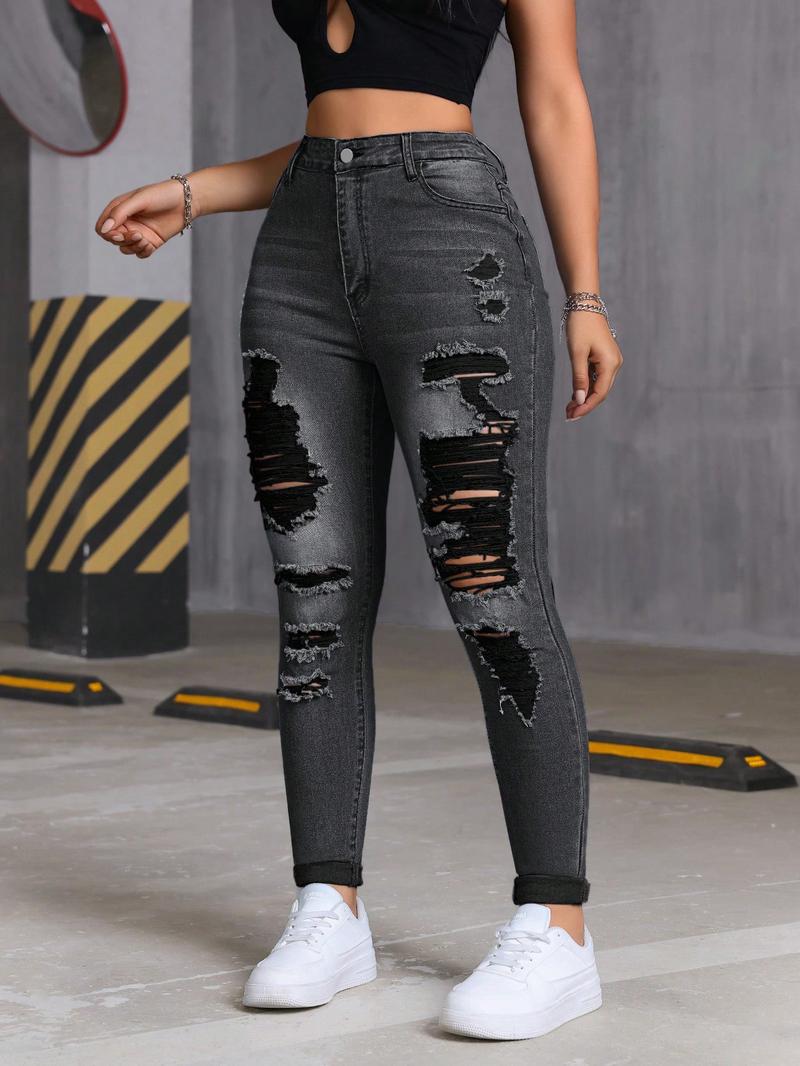 Women's Trendy Fashion Ripped Denim High Stretch Comfortable Slim Fit Pants, Casual Young Style Long Trousers for All Seasons