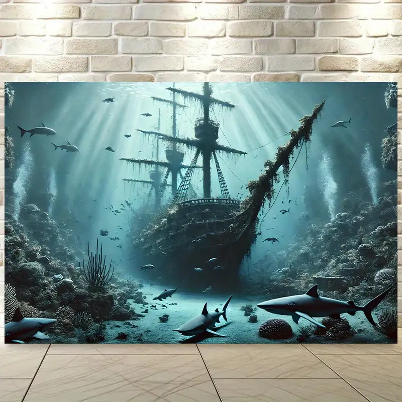 Sunken Ship Underwater Backdrop Banner - Large 8x6ft Ocean Wreck Decoration with Sharks, Coral Reefs & Sunken Ship Mast - No Electricity Needed, Easy Hang Polyester Fabric for Pirate Parties, Nautical Home/Office/Outdoor Decor