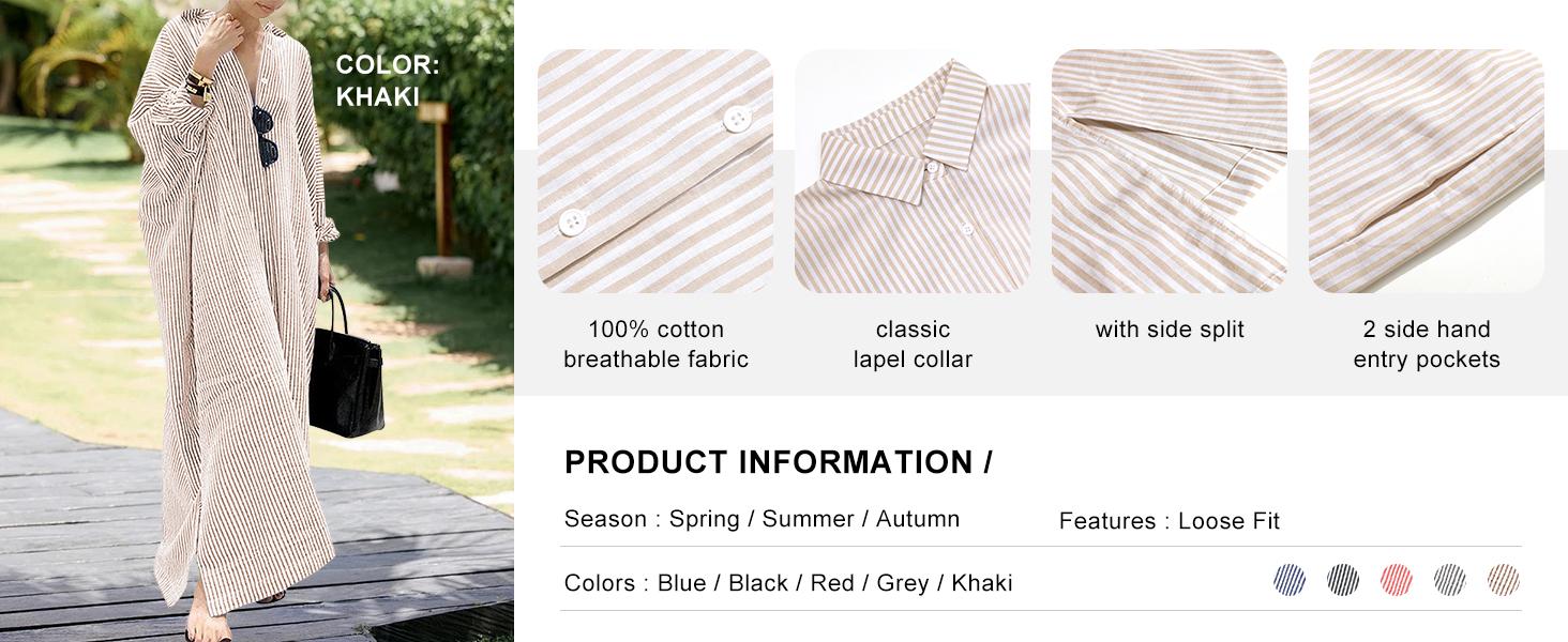 CHARTOU Women's Loose Striped Shirt Dress Casual Long Sleeve Dress Cotton Long Skirt