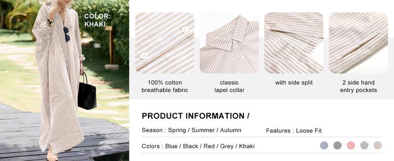 CHARTOU Women's Loose Striped Shirt Dress Casual Long Sleeve Dress Cotton Long Skirt