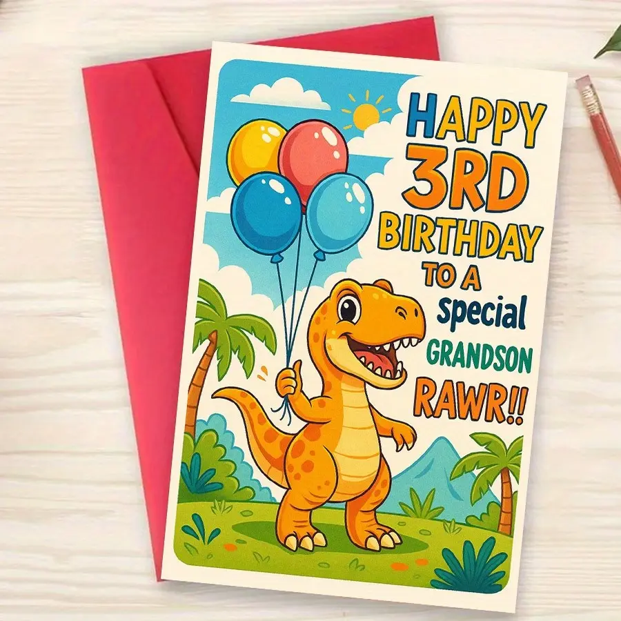 Special Grandson's 3rd Birthday Greeting Card, Cute Dinosaur & Balloon Patterns, Perfect Gift for Grandparents, Includes Envelope