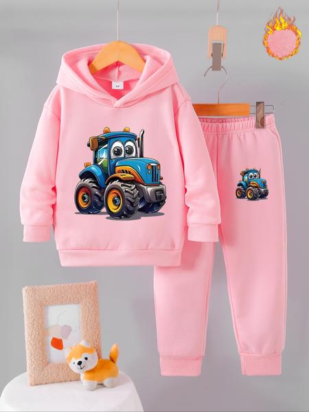 Boys' Fall Winter Fleece Set, Cartoon Tractor Print Hoodie & Jogger Pants, Casual Warm Fashion for Kids, Perfect Gift Idea, Clothes Kids