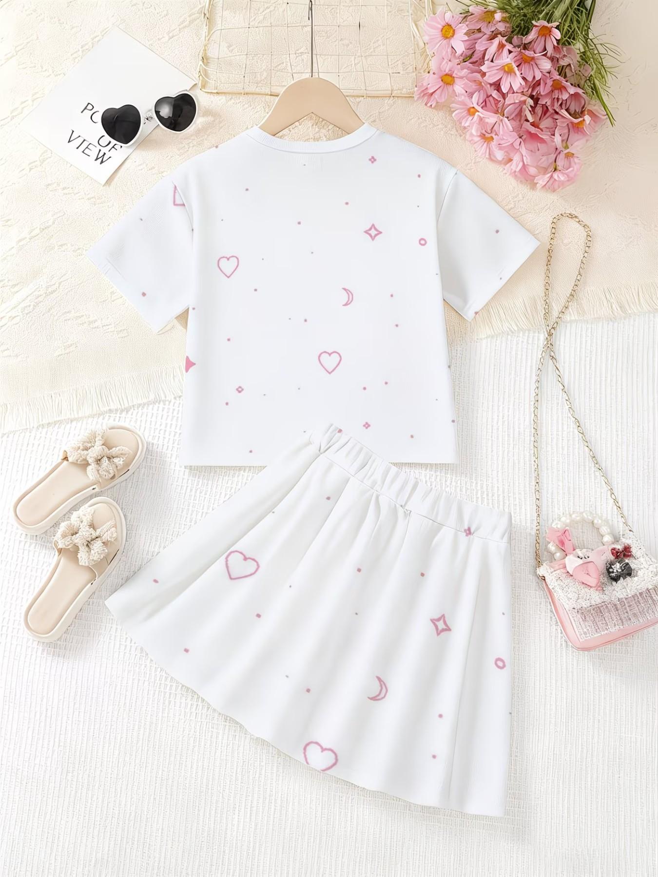 Girls' 3D Cartoon Print Top and Skirt Set, Summer Casual Slim-Fit, Round Neck Short Sleeve, Daily Wear for Kids