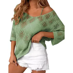 Womens 3/4 Sleeve Crochet Tops Off Shoulder Hollow Out Sweater V Neck Casual Loose Fit Beach Cover Up