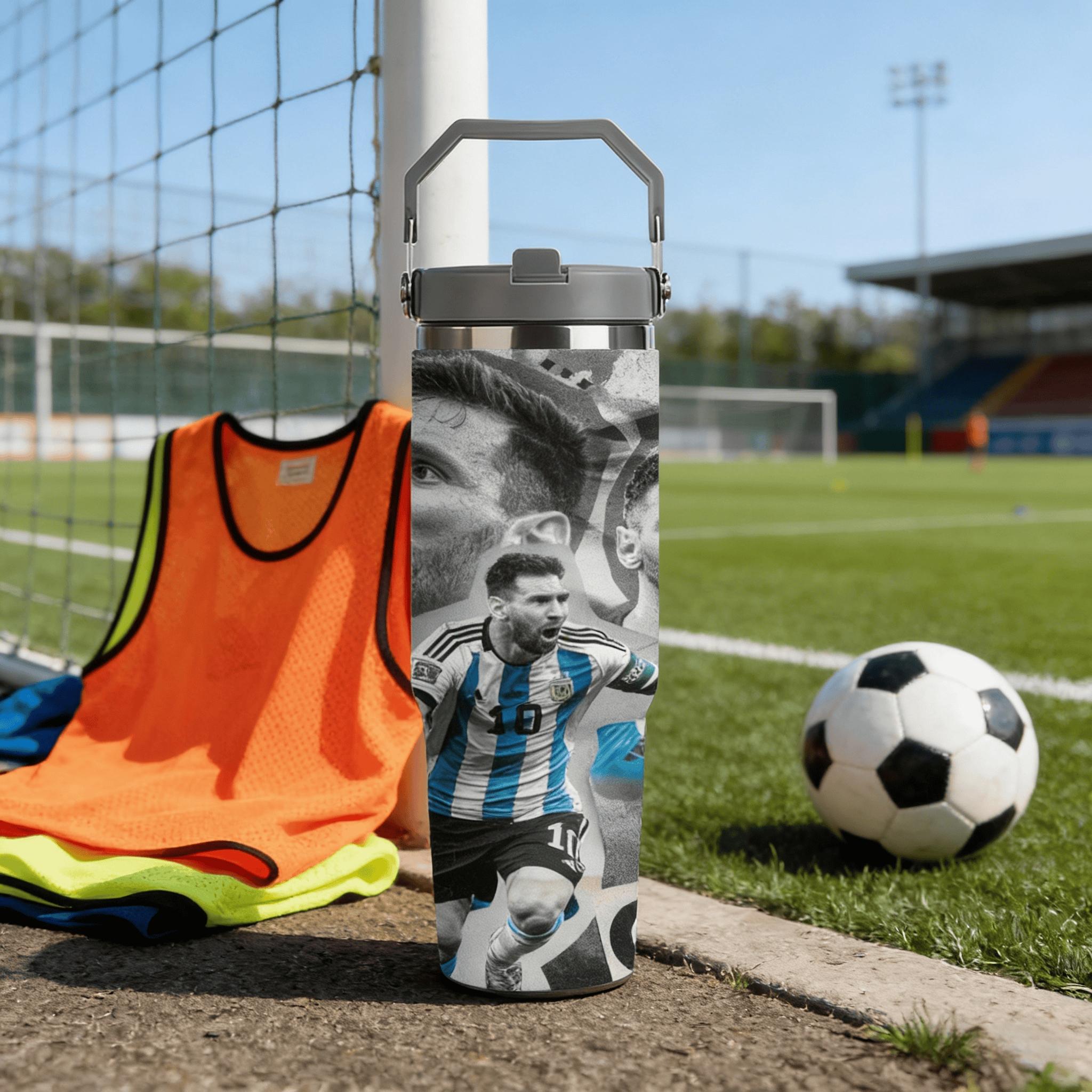 1pc 30oz Messi Argentina national team stainless steel insulated cup - blue and white stripes - 10 size with full printing - portable handle - large capacity sports water cup - suitable as a gift for sports fans