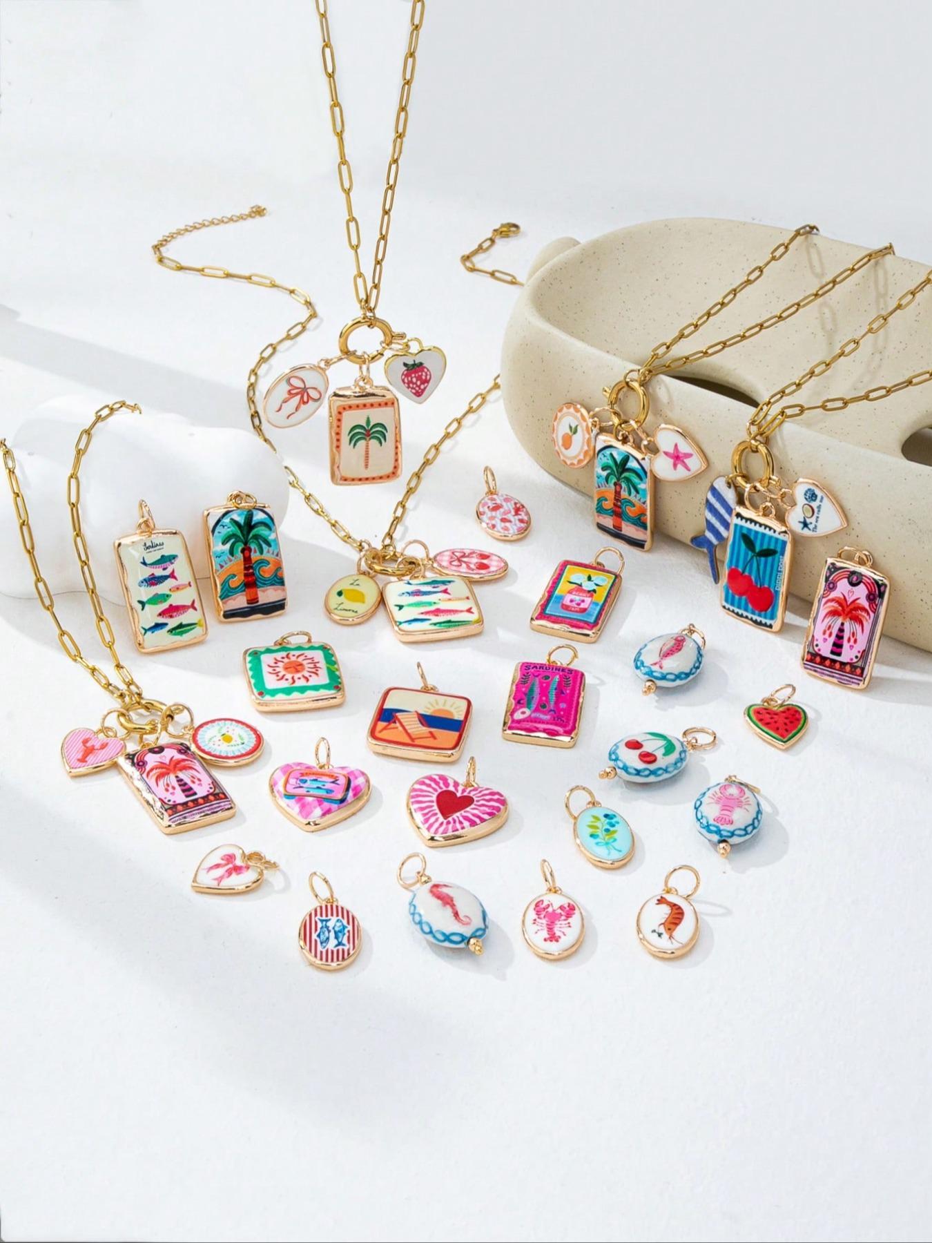 25pc Summer Ocean Theme Charm Necklace for Women, DIY Jewelry Making Set, Customizable Beach Jewelry Findings