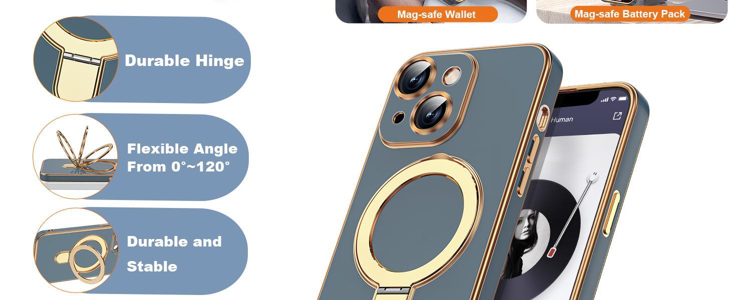 Compatible with iPhone 14 Case with Magnetic Ring Stand [Compatible with Mag-Safe] [Full Camera Lens Protector] Soft Plating Phone Case for iPhone 14 6.1", Grey Blue