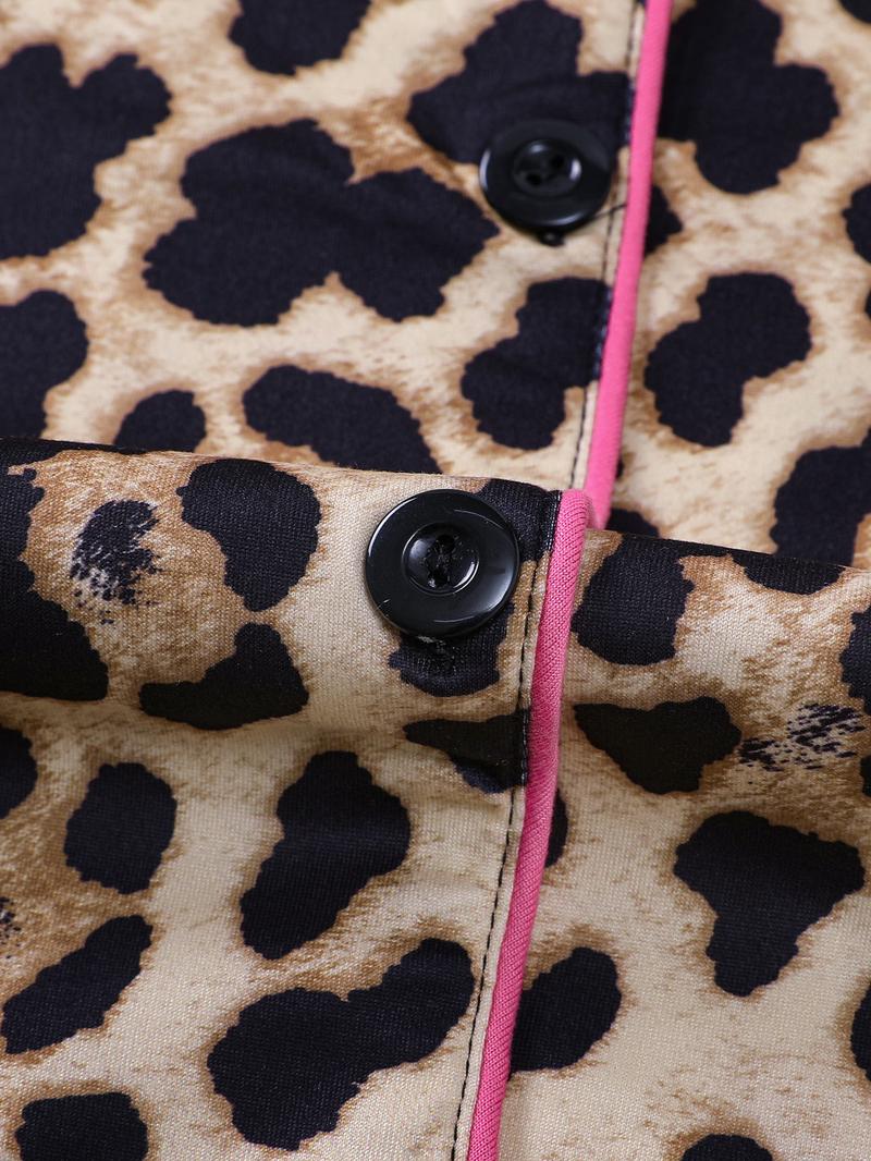 2-piece set full of brown and yellow leopard print long sleeved pants, soft and comfortable, skin friendly and smooth top, small pocket button closure, butterfly bow adjustable waistband, suitable for all seasons home, casual wear, pajamas