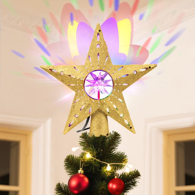 Golden Rotating Christmas Tree Topper with RGB LED Lights, 360° Spinning Diamond & Projection, Festive Tree Decoration with Power, Christmas Tree Topper with Lights, Christmas Decorations for Home Indoor, Candyland Christmas Tree Decorations