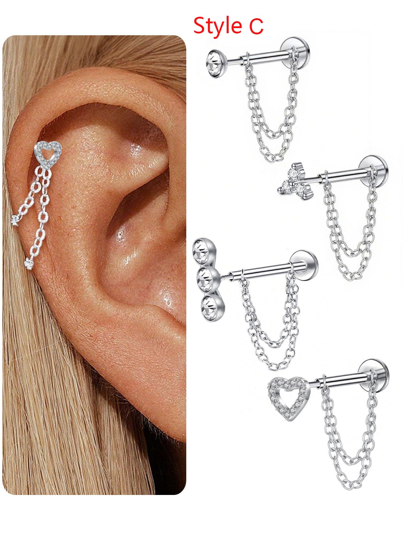 Unisex Stainless Steel Cubic Zirconia Earrings, 20G Push-Back Studs with Double Chain Design, Fashion Ear Jewelry, Trendy Jewelry Accessories, Perfect Gift