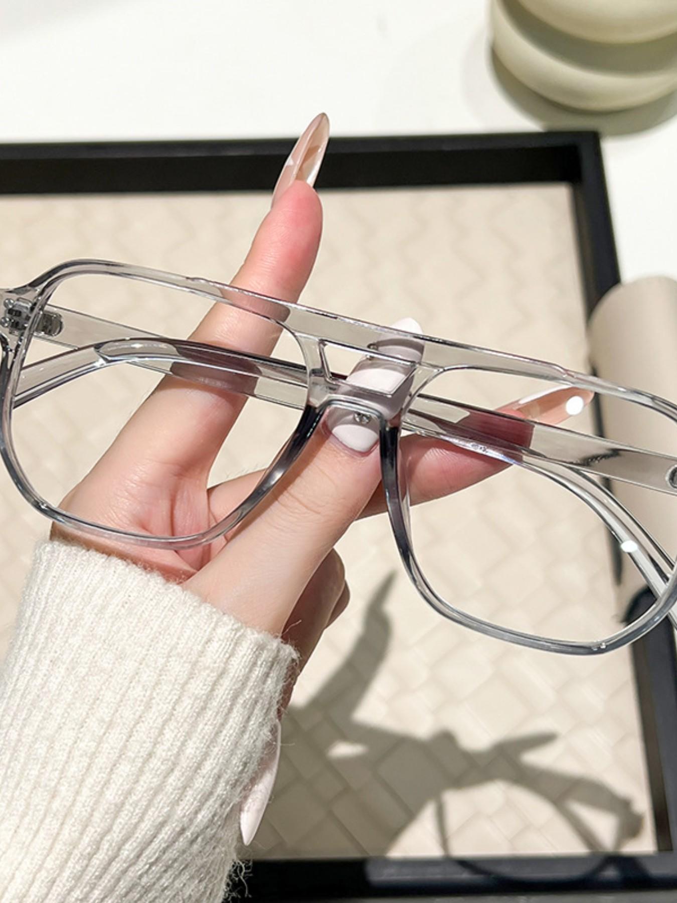 Double Bridge Large Frame Glasses, Full Rim Fashionable Academic Style, Trendy Plain Lenses, Party Hip Hop Punk Eyewear