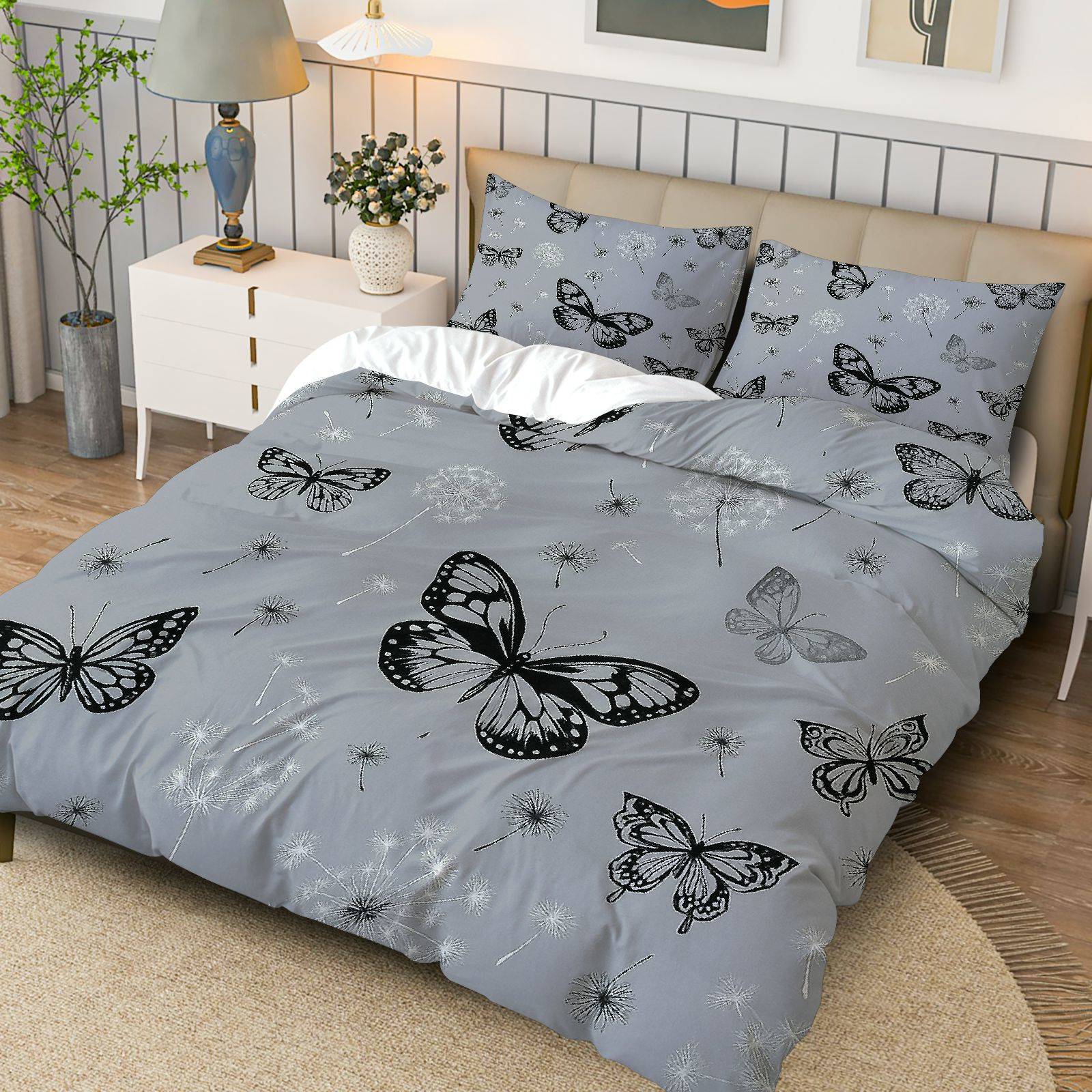 3PCS Duvet Cover Set, 1 Duvet+2 Pillowcases(Without filler), Butterfly Dandelion Nature Grey theme, Seasonal bedding set, Butterfly Print Suitable for decoration Bedroom Living Room Guest Room Hotel.