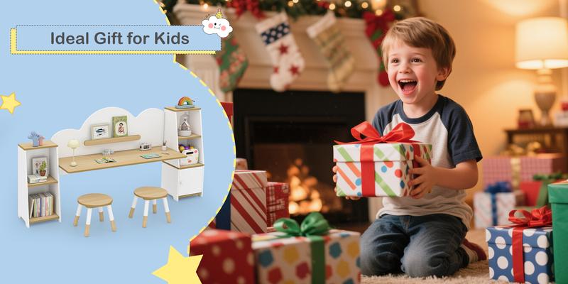 Modern Kids Desk & Stool Set in White and Natural Wood for Study and Play