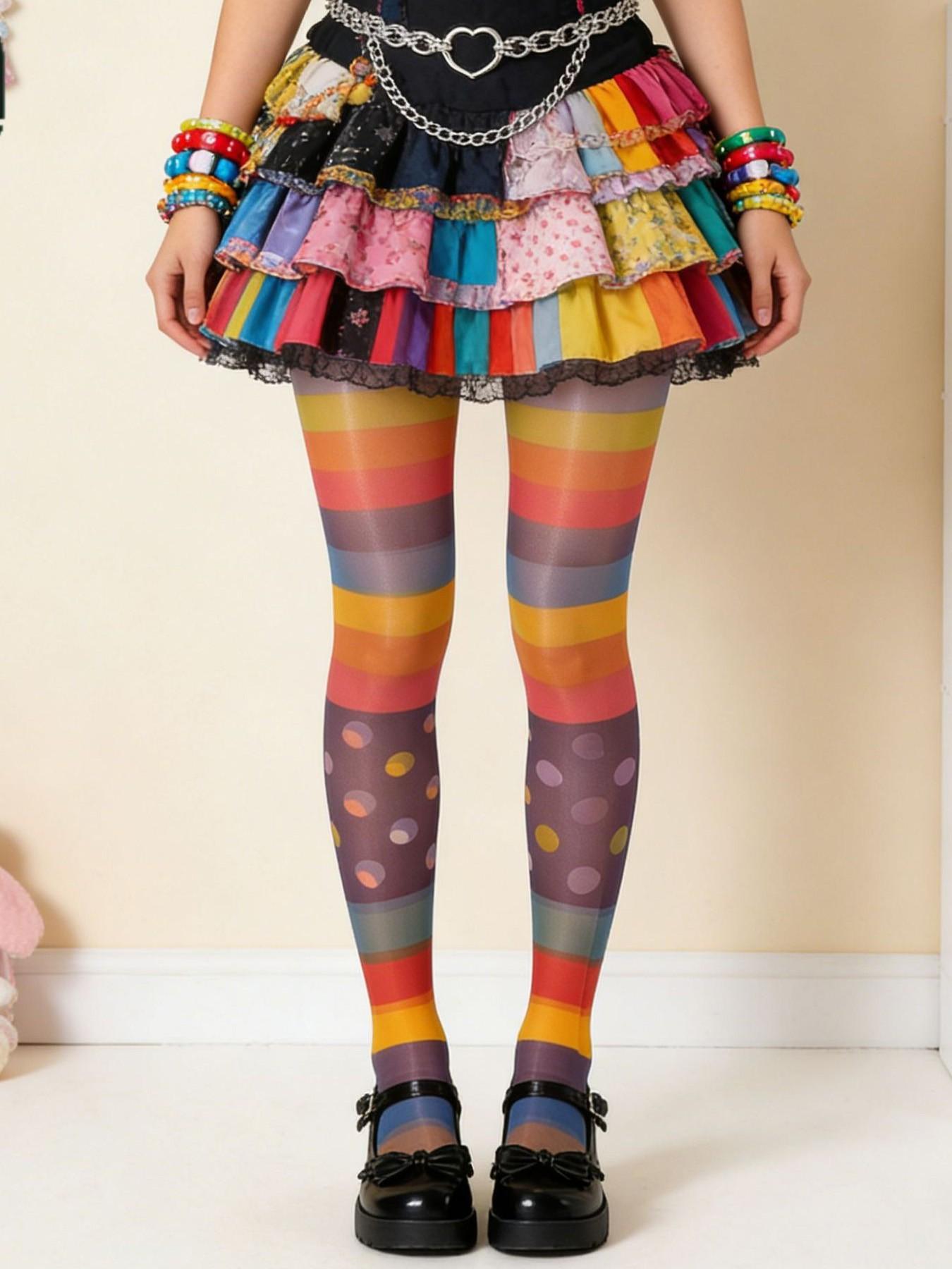 Extreme Minimalist Rainbow Stocking, Dopamine Colorful Stripe Stocking, Summer Thin Anti-Pickup Durable Full-Length Stocking