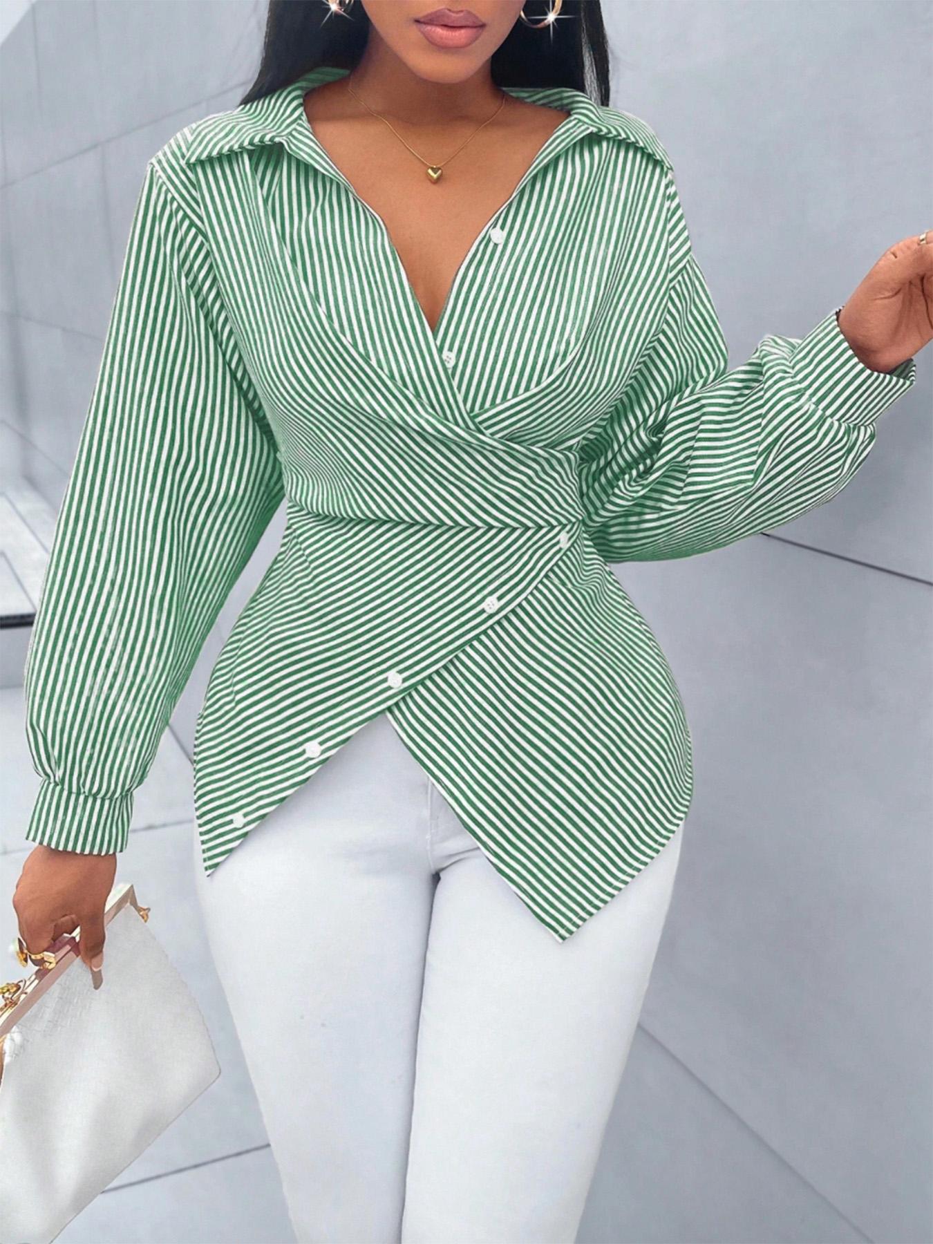 Women's Striped Print Button Front Collared Casual Shirt, Button Down Shirt,Asymmetrical Hem ,Wrap Blouse,Long Sleeve,Fitted,Elegant,Daily Commuting,Going Our,All Season