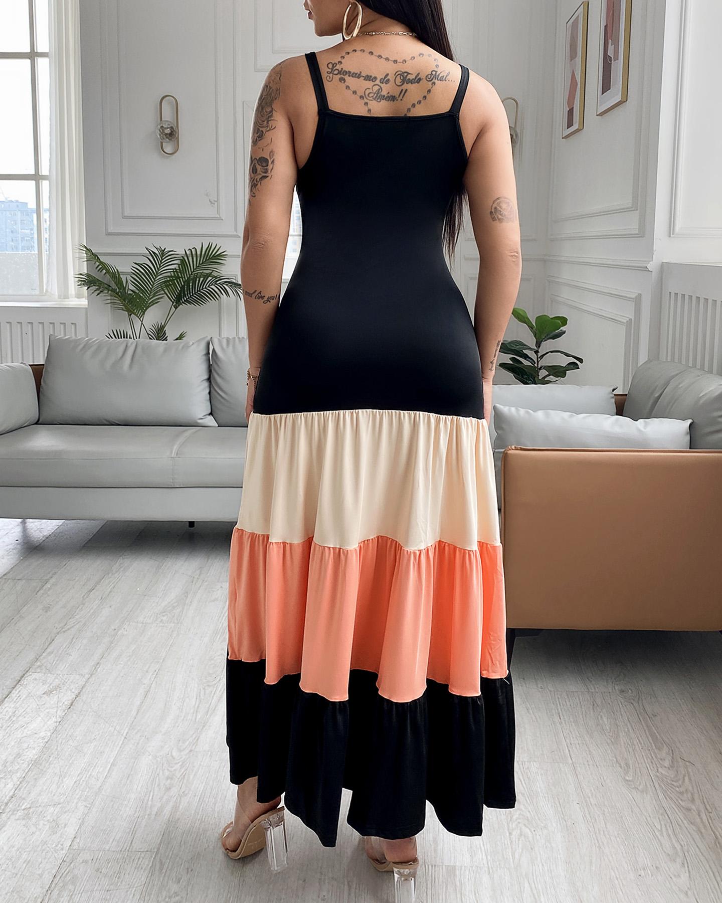 ChicMe Women's Spaghetti Strap Colorblock Maxi Dress - Ruched Ruffles Smock Sleeveless | Wedding Guest Dress, Formal Occasion, Evening Gown, Cocktail Party