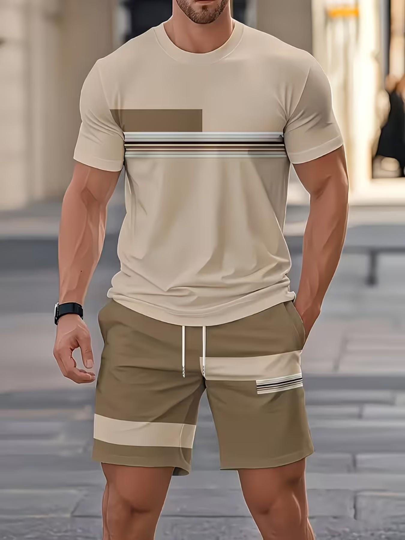 Men's Outdoor Set, Summer Fashion Short Sleeve Crew Neck Quick-Dry T-Shirt + Shorts, 3D Digital Print, Casual Fitness Wear, Gift Idea