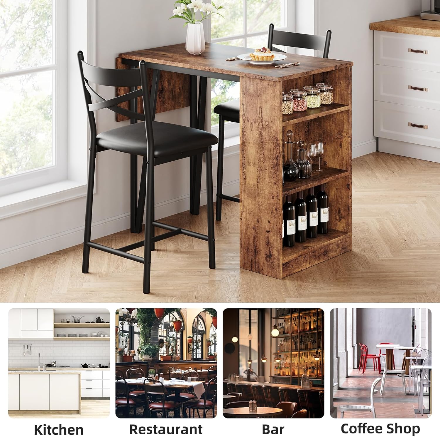 3-Piece Dining Table Set, Counter Height Kitchen Table Set for 2 with 3 Storage Shelves, Expandable Bar Table with 2 Cushioned Chairs for Small Spaces, Apartment