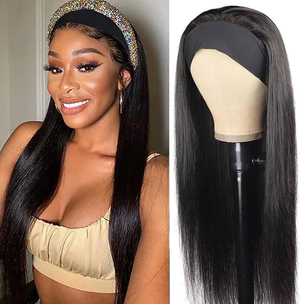 Bling Hair Straight Headband Human Hair Wig Black Heat Hair Women's Headband Wig Full Wigs Women For Daily Use 180 Density 14 to 26 Inches