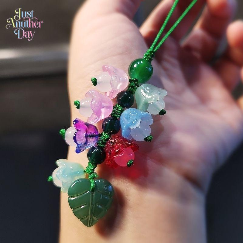 Lucky Bell Orchid Glass Charm, Aesthetic Lily of the Valley Phone & Bag Pendant, Feng Shui Green Flower Accessory for Phones, Bags & Keys