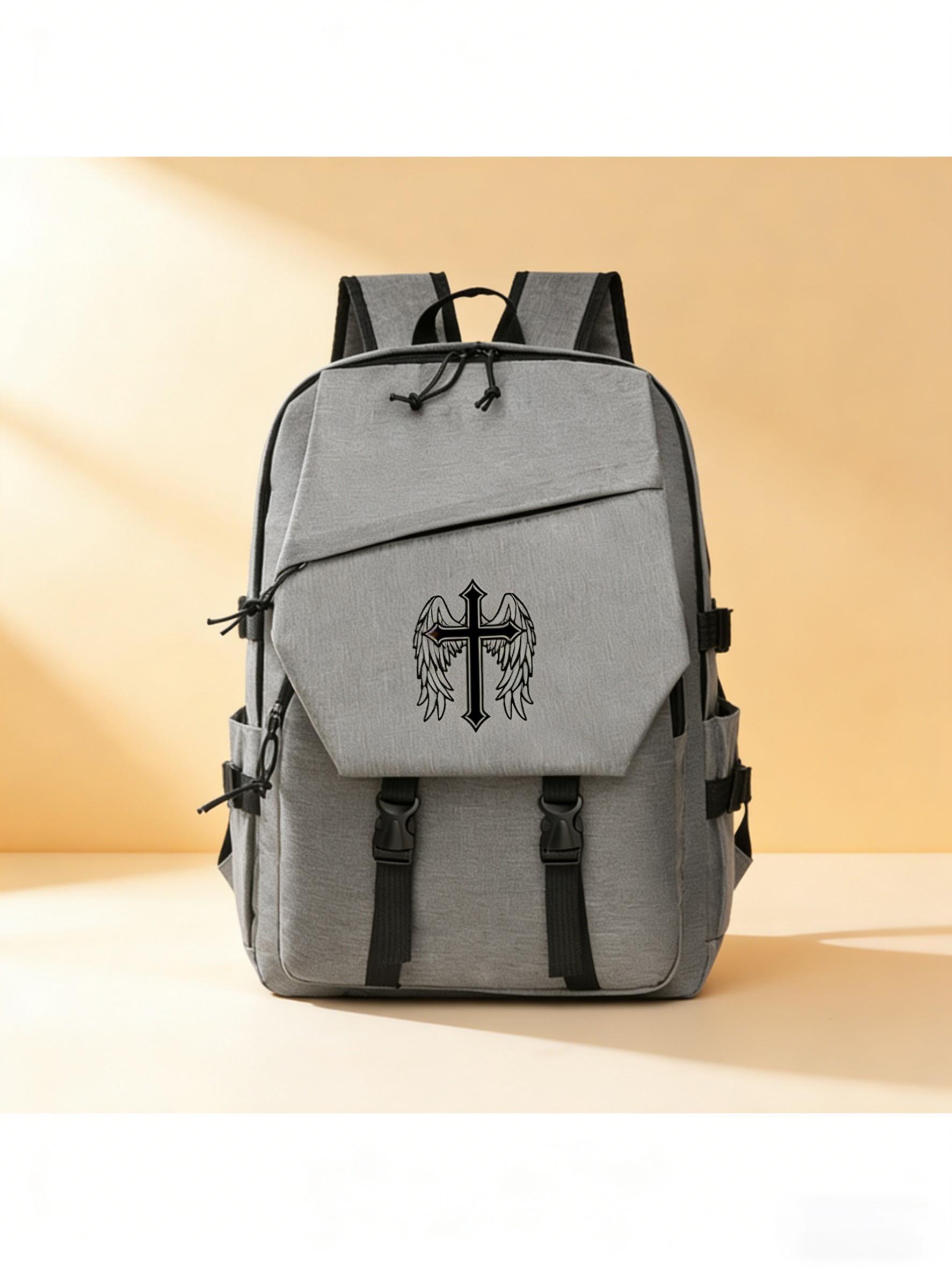 Cross Wings Print Backpack, Large Capacity Waterproof Laptop Bag, Casual School & Business Bag, Unisex, All Seasons