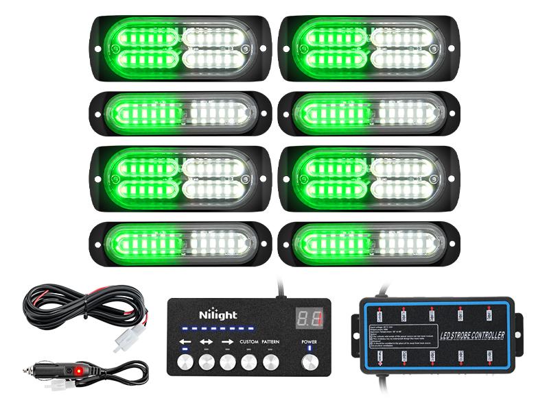 Nilight 8PCS Led Strobe Lights with Controller 12V 24V Sync Feature Green White Strobe Light 12 24 LED Surface Mount Hazard Warning Lights with Strobe Controller for Vehicle Car Truck RV ATV