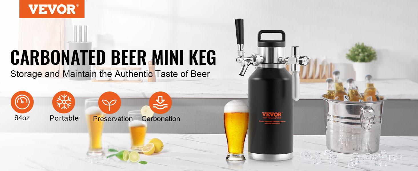 VEVOR Beer Growler Tap System, 64Oz 1.89L Mini Keg, 304 Stainless Steel Pressurized Beer Growler, Keg Growler with Pressure Display, CO2 Regulator Faucet, Leak-Proof Ring For Draft Homebrew Craft Beer