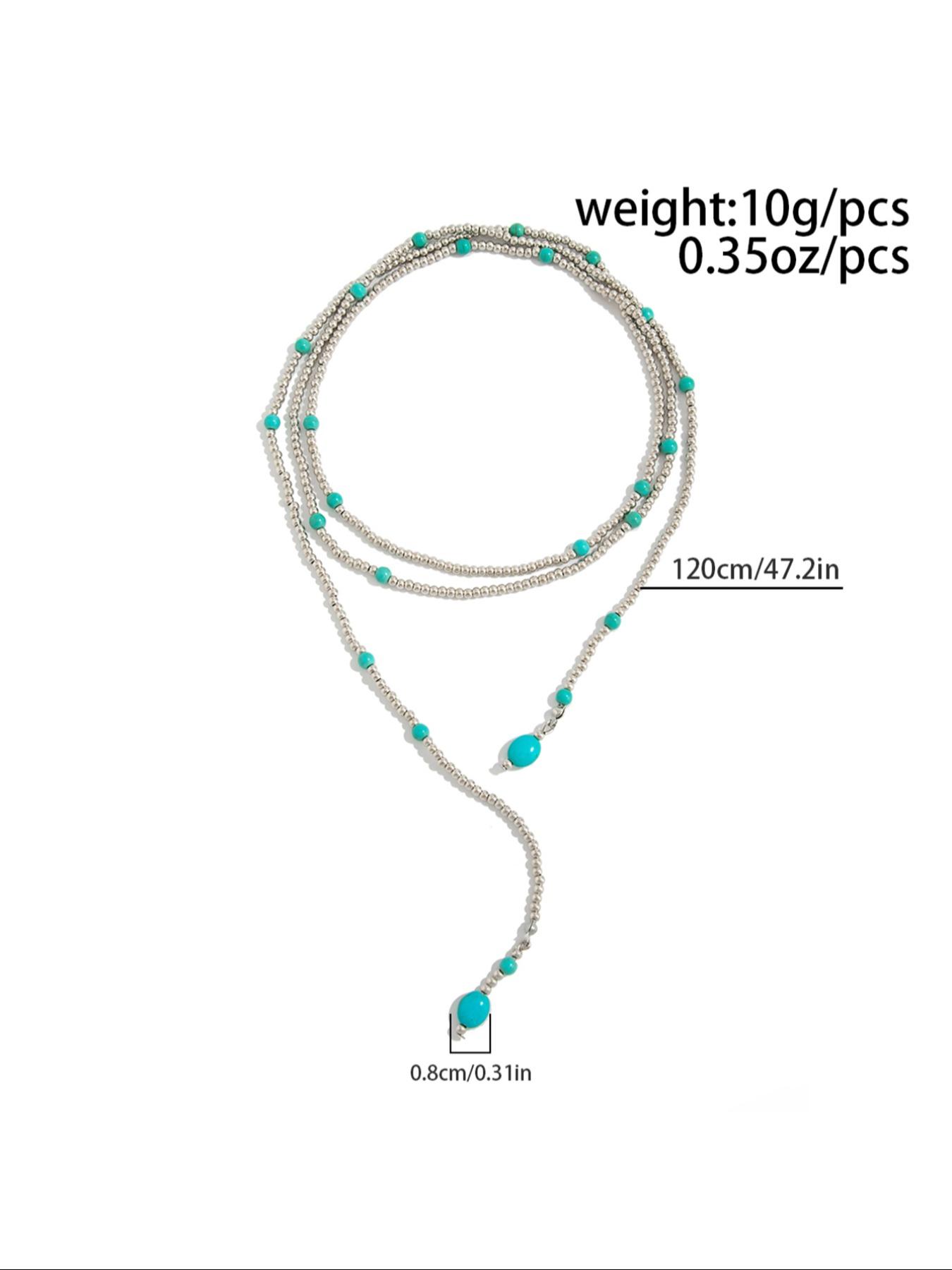 1pc Boho Layered Turquoise Beaded Lariat Necklace, Western Silver Bead Y Drop Necklace for Women, Dainty Black Seed Pearl Lariat Necklace, Vintage summer Beach Vacation Jewelry, Perfect Valentine's Day Mother's Day Birthday Gift for Her,  Party Accessory