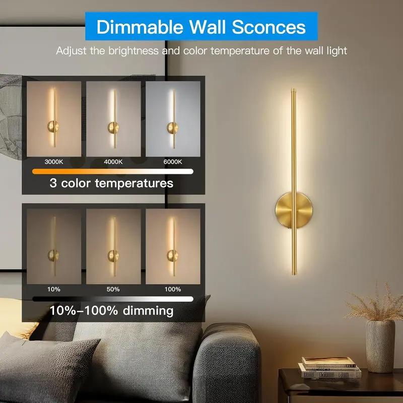 2-Pack Rechargeable Modern LED Wall Lights | Wireless | Black/Gold | 50CM | 4400mAh Battery | Touch + Remote Control | 3 Color Temperatures | Ideal For Living Room/Bedroom/Study | Interior LED Lights