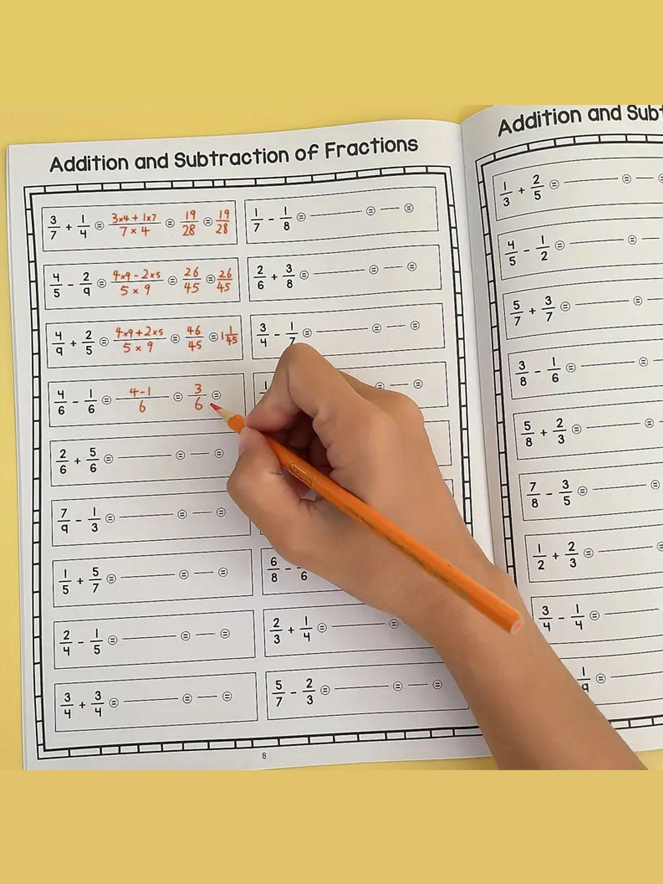Elementary Math Workbook Set, Focuses on Basic Fraction Calculations, Includes Guided Addition Subtraction Multiplication Division Practice, Math Worksheets, Math Exercises