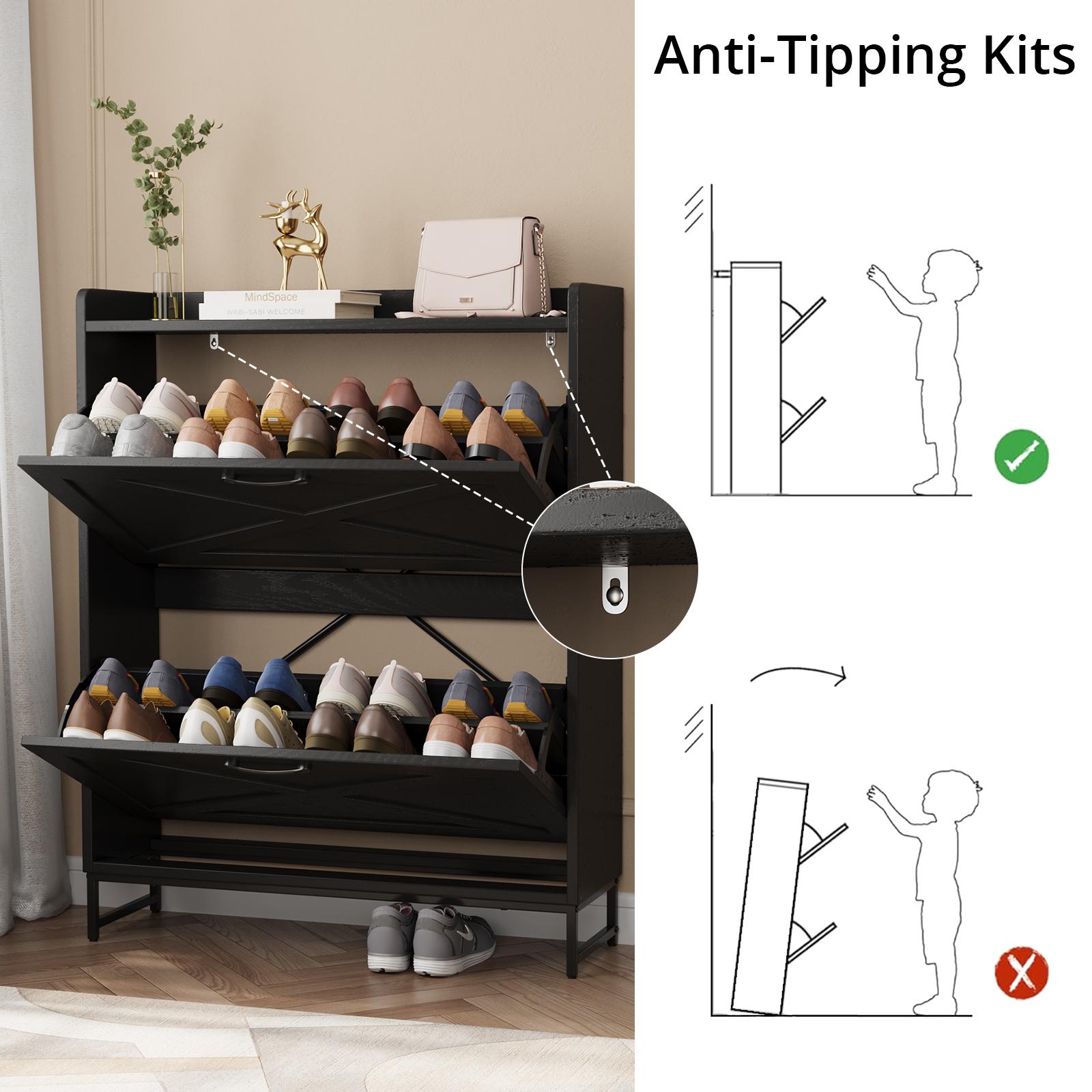 VOWNER Farmhouse Shoe Storage Cabinet with 2 Flip Drawers, Freestanding Organizer with Metal Legs for Entryway, Narrow Shoe Rack Cabinet