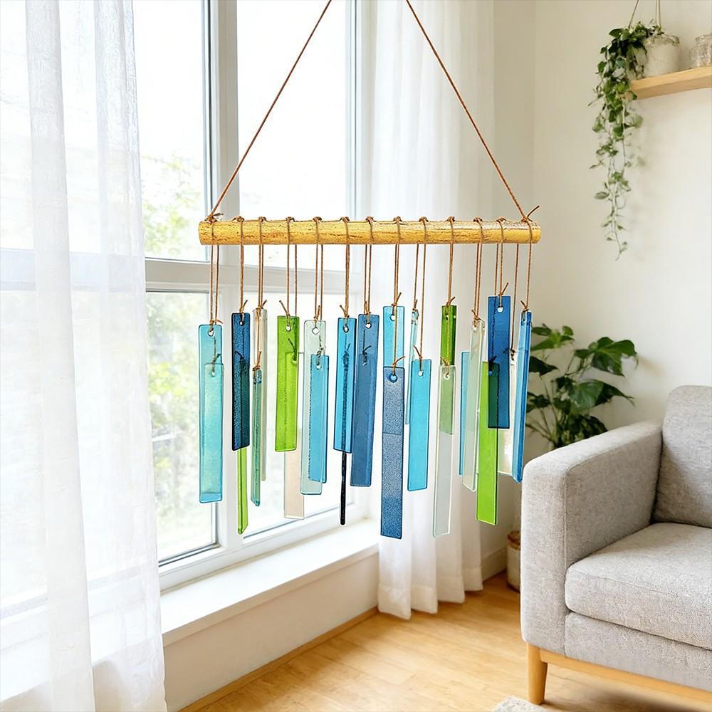 Spring Colorful Glass Handmade Wind Chime, Rectangular Frosted Glass, Outdoor Garden Yard HDecor, Boho Style Home Decoration