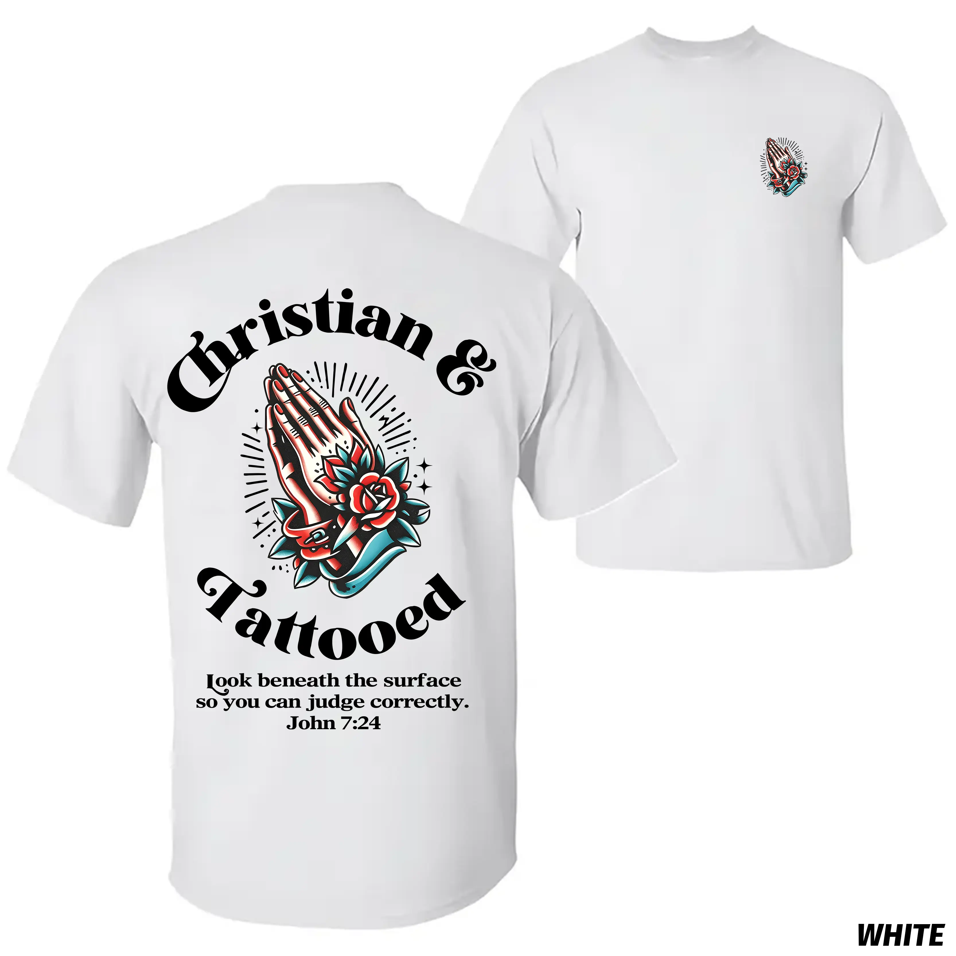 Men's Faith Based Graphic T Shirt, Christian Tattoo Design Tee, Prayer Hands Rose Short Sleeve Shirt