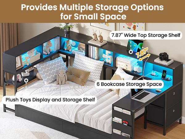 Hasuit Twin Corner Bed with Desk and Storage Bookcase, Daybed with 2 Drawers & 2 Storage Bins, Twin Size Platform Bed Frame with Charging Station and LED Light, Modern Teenagers Bedframe