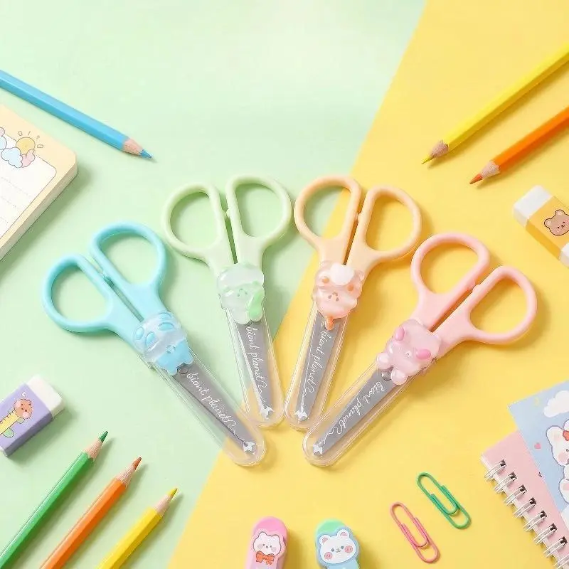 1 Piece Cute Cartoon Kids Scissors with Safety Cover Portable Child Scrapbook Scissors for Student DIY Craft Paper Cutting