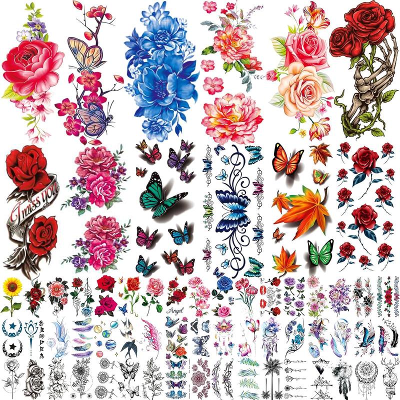 36 Sheets Temporary Tattoos Stickers, 12 Sheets Fake Body Arm Chest Shoulder Tattoos for Men or Women with 24 Sheets Tiny Black