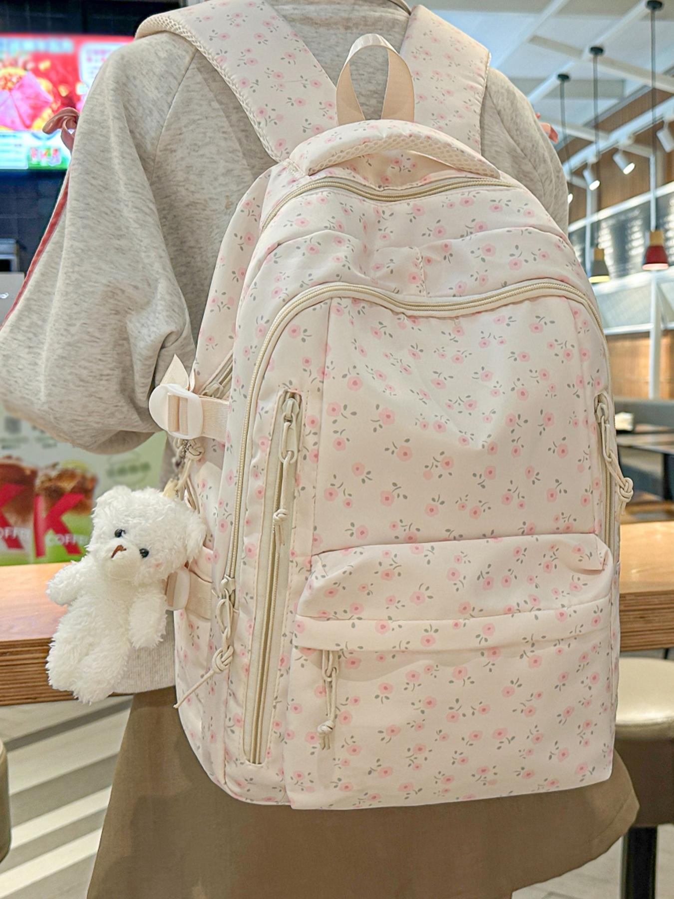 1pc  Women's casual printed backpack with large capacity, zipper closure, and free pendant. Fashionable, versatile, cute, and trendy. Suitable for students going to school, campus, commuting, and traveling. Women's backpack