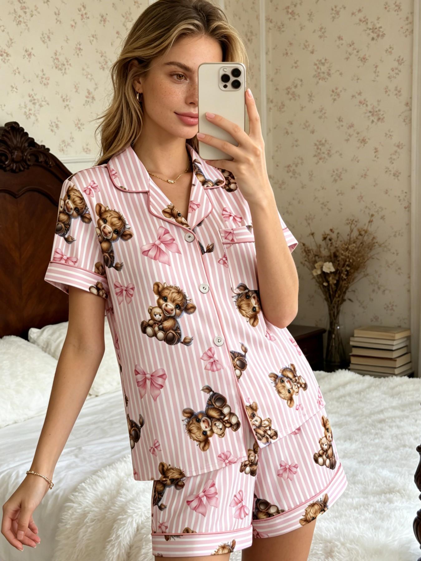 4-Piece Women's Pajamas & Loungewear Sets, Pjs Highland Cow Bow Knot Print Pink Stripe White Summer Short Sleeve Button Down Collar Chest Pocket Elastic Waist Shorts Contrast Trim Soft Breathable Relaxed Fit Sleepwear for Home