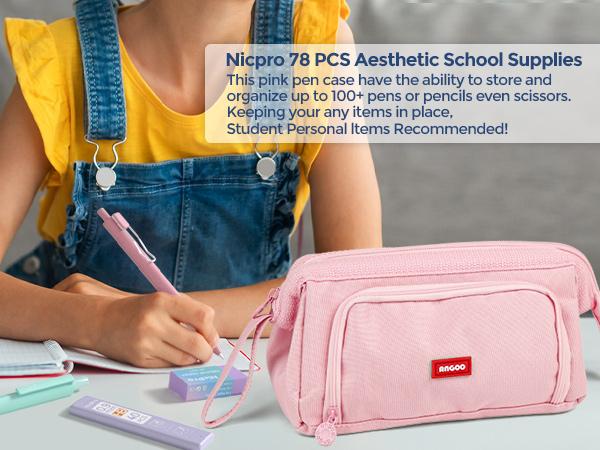 Nicpro 78 PACK Aesthetic School Supplies with Cute Pen Case, Pastel Highlighters, Ink Gel Pens, Mechanical Pencils, Ballpoint Pen for Student Stationary, ideal Christmas gifts