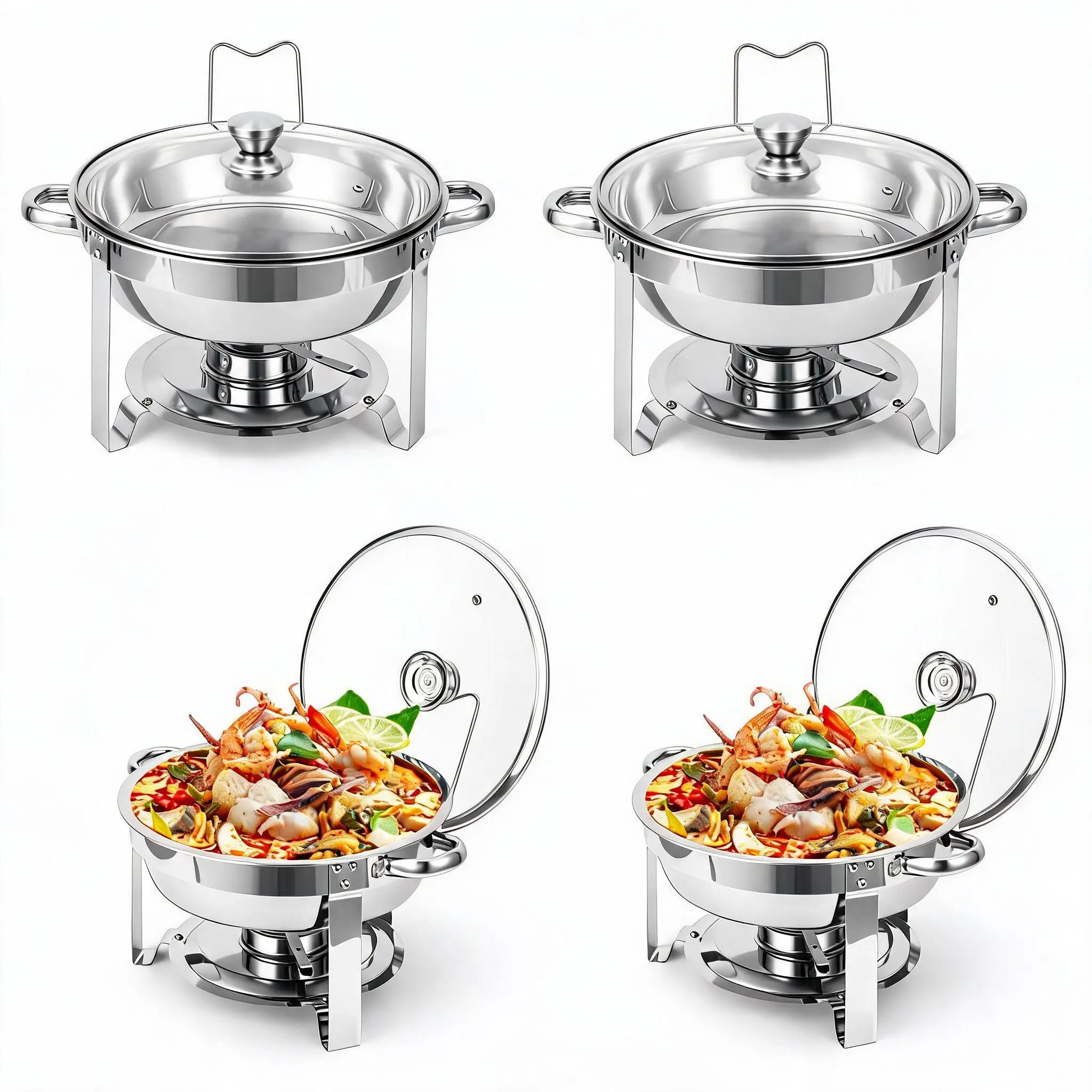 Chafing Dishes Buffet 4 Pack 5QT Round Glass Lid Stainless Steel Warmers Parties Wedding Banquet